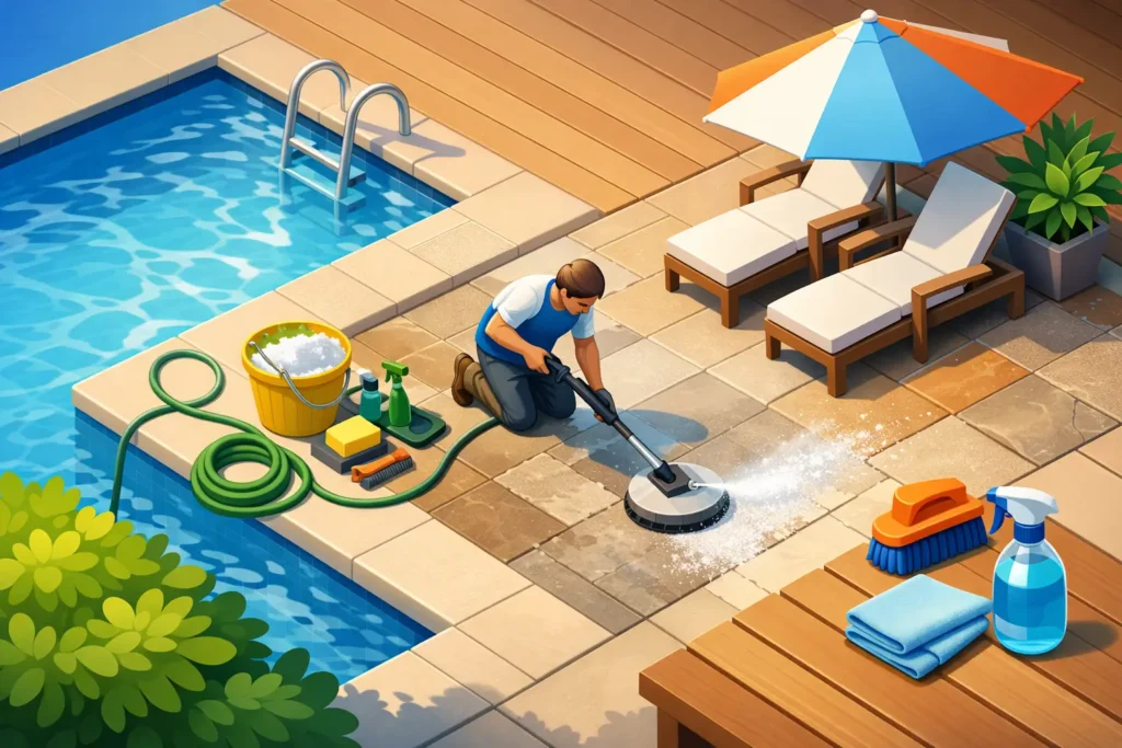 How to Clean Pool Deck Surfaces Safely at Home